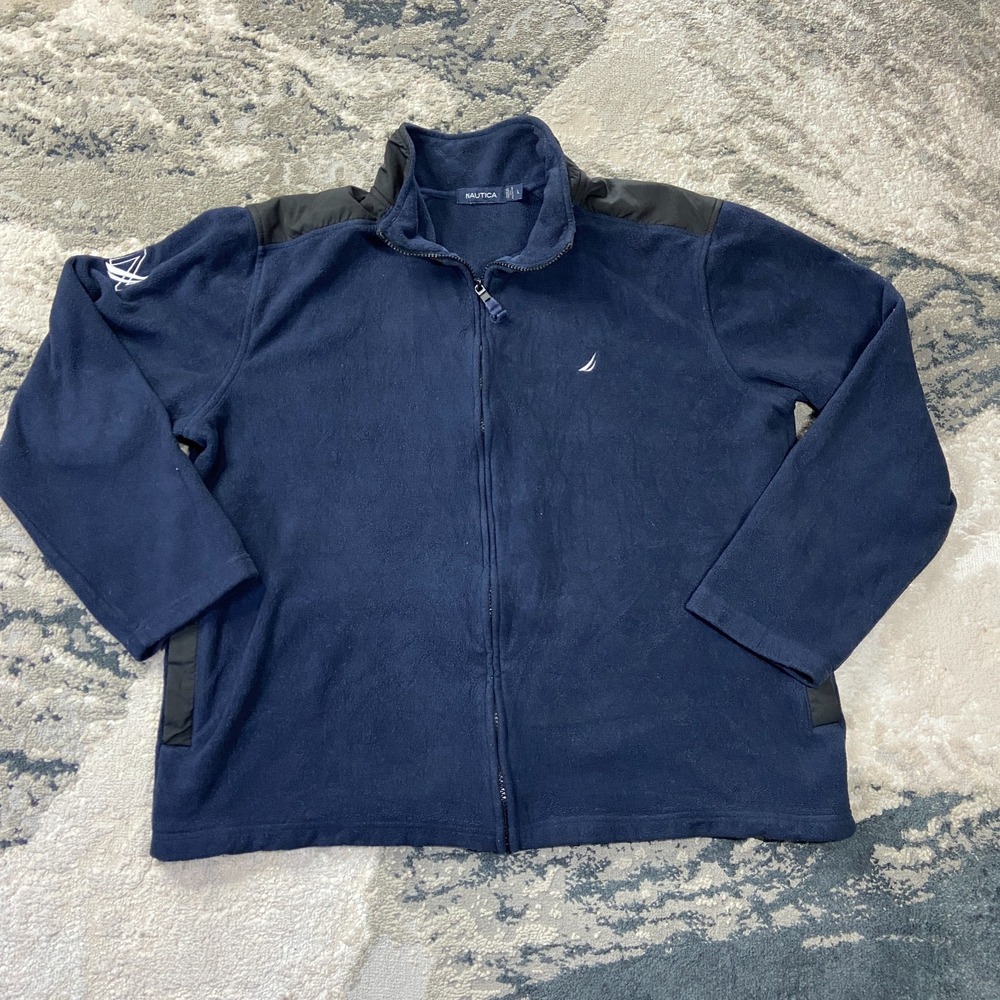 Vintage Nautica Fleece Jacket Sz L Blue‎ Embroidered Logo Mock Neck Full Zip